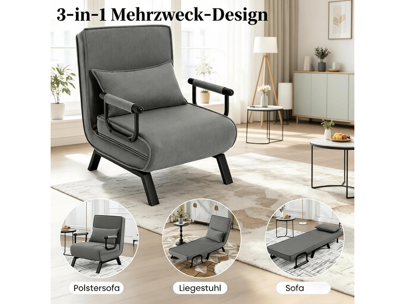  Fauteuil convertible 3 en 1 avec dossier réglable sur 5 positions et coussin amovible en lin gris, 65 × 78 × 75 cm  - Conforama E