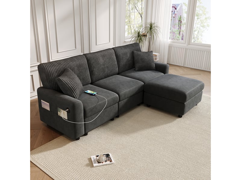 Canapé 4 places gris avec pouf, canapé moderne en chenille et velours côtelé avec ports usb et usb-c, largeur 223 cm - Conforama D