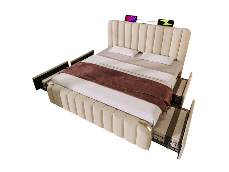 Lit 2 places 180×200 cm avec tiroirs, usb et type-c, lin, beige, avec matelas  - Conforama A