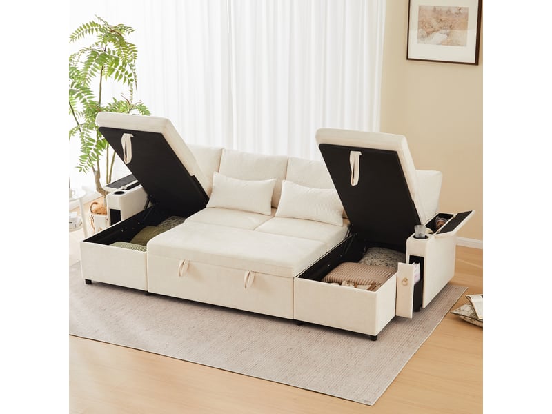 Canapé d’angle convertible en u 4 places 272 x 131 x 84 cm, avec rangements, porte-gobelets et coussins - beige - Conforama C