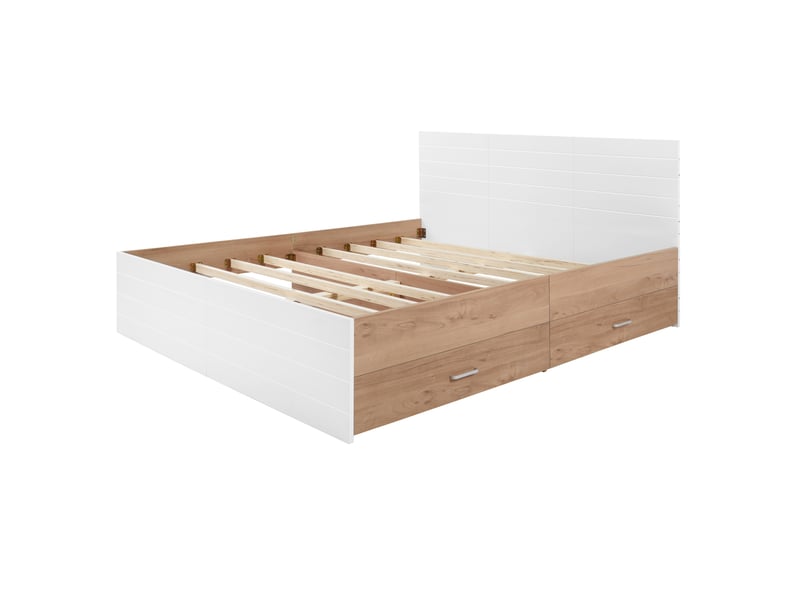  Lit double 160x200 cm en bois blanc et bois clair, 2 tiroirs, sommier inclus pour chambre moderne  - Conforama D