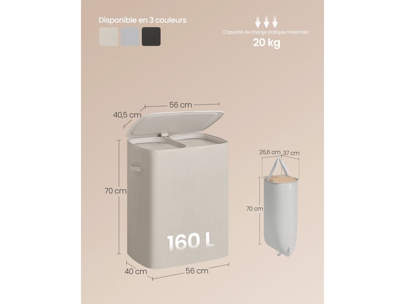  Panier à linge 2 compartiments 56 x 40,5 x 75 cm avec couvercle sacs amovibles style moderne buanderie en plastique beige clair 12_0013100  - Conforama B