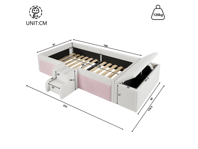 Lit enfant 90x190 cm, lit au sol rembourré avec banquette coffre de rangement, marche d'accès, tissu bouclé, sans matelas, blanc - Conforama C