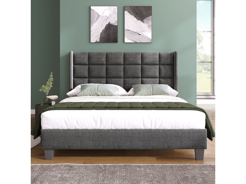  Lit capitonné 140x200cm en tissu lin gris, tête de lit rembourrée, sommier à lattes, livré sans matelas, style élégant  - Conforama E