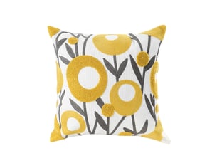 Housse de coussin carrée brodée en toile de coton avec motif fleurs pastorales - 45 x 45 cm, jaune