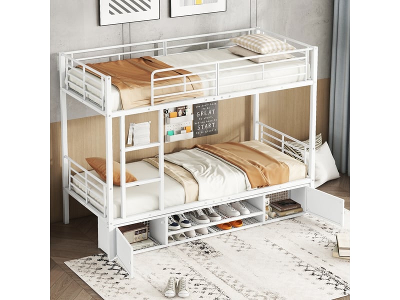  Lit superposé enfant 90 x 200 cm en métal blanc avec échelle et rangements  - Conforama D