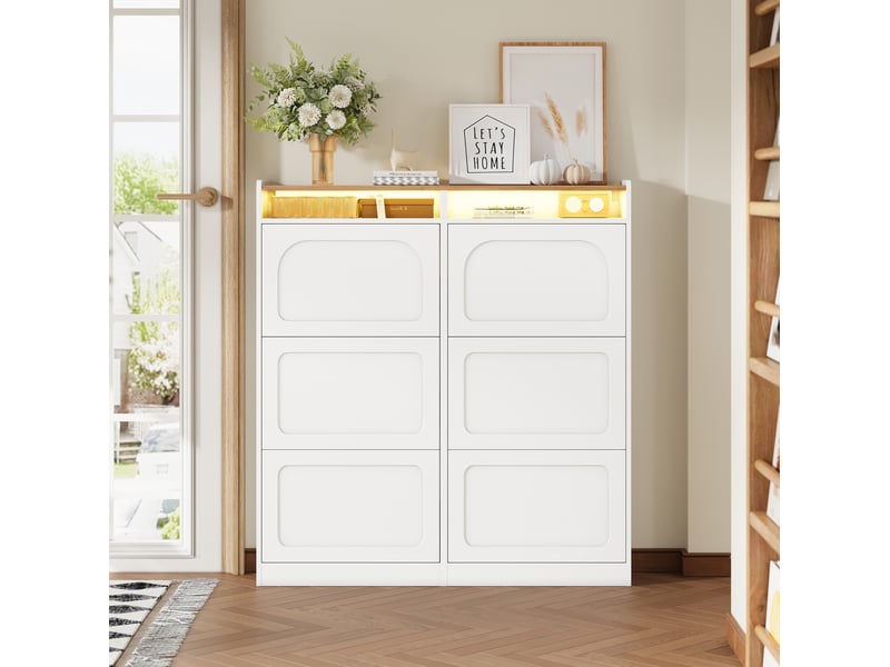  Meuble à chaussures 120x24x130 cm avec 6 abattants, led, 2 niches ouvertes, blanc et naturel  - Conforama D