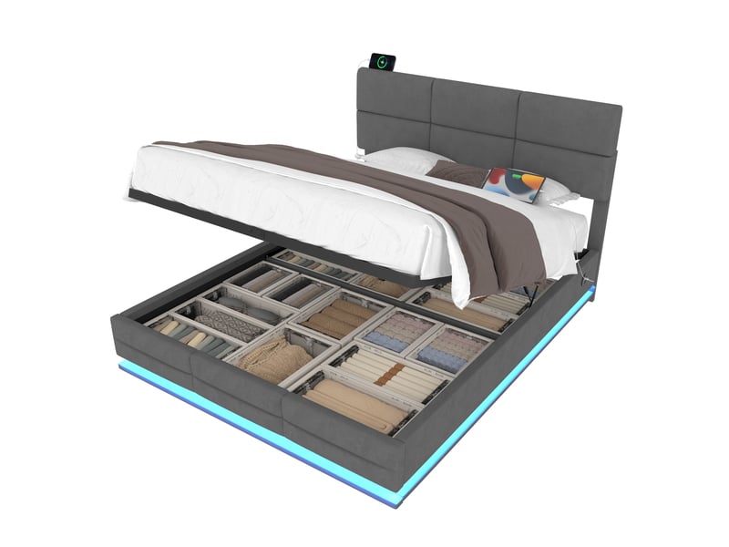  Lit coffre 180x200 cm à relevage hydraulique, tête de lit ajustable, led, ports usbusb-c, velours - gris (sans matelas)  - Conforama A