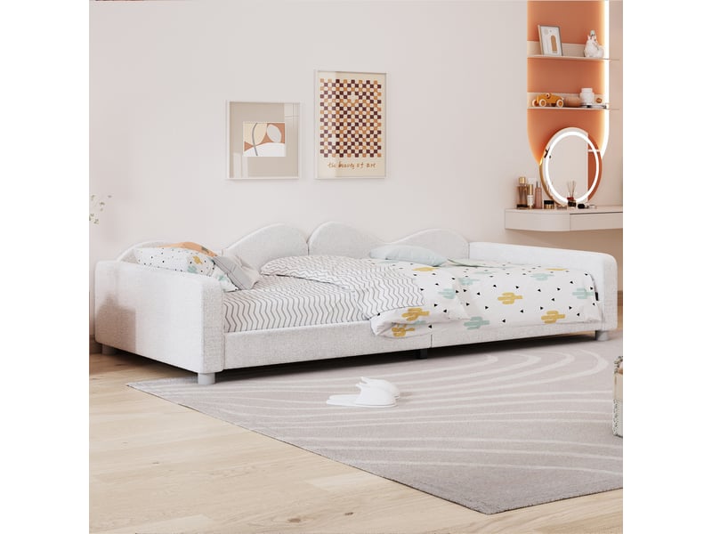  Lit enfant 90 × 200 cm 1 place avec dossier et accoudoirs, sans matelas, en tissu peluche, blanc  - Conforama C
