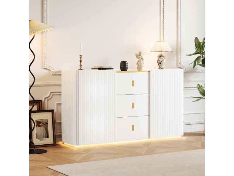 Buffet led 150.5x35x80 cm avec 2 portes et 3 tiroirs en panneau de particules couleur blanc, design moderne - Conforama E