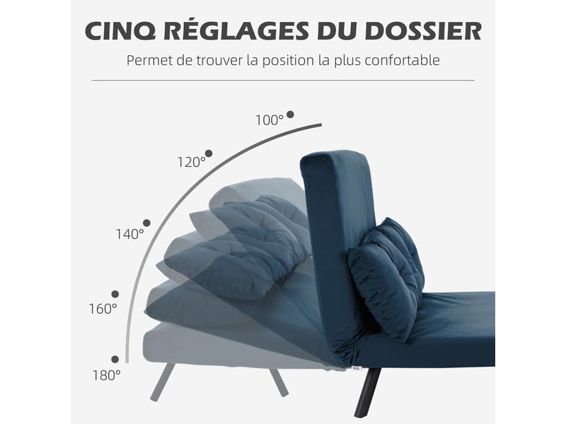 Canapé convertible 2 places dossier réglable en tissu effet velours bleu 102x73x81 cm  - Conforama E