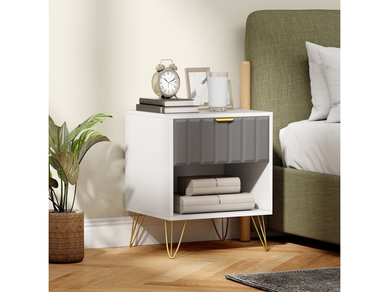  Table de chevet, table d'appoint compartiment ouvert, tiroir et poignée, pieds en acier, 45 x 40 x 55, blanc  - Conforama C