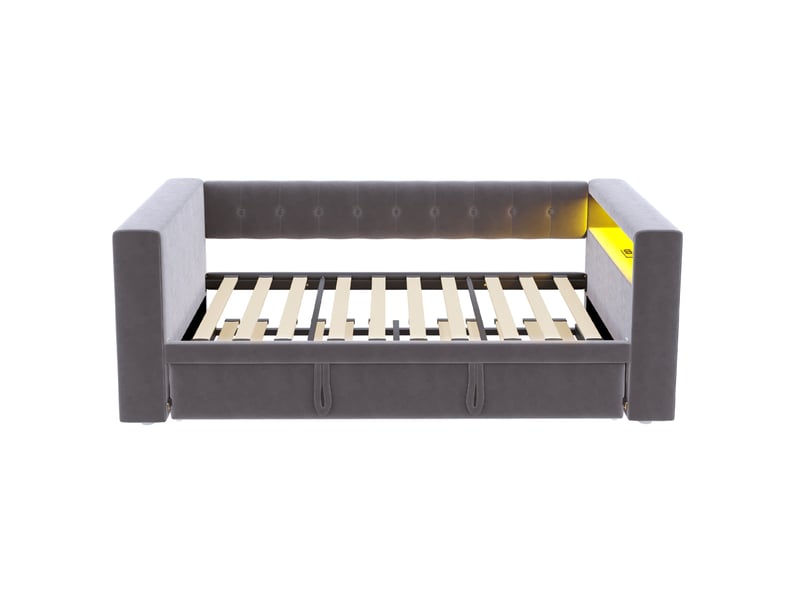 Lit gigogne 90-180x190 cm, lit 2 en 1, led, charge, tête de lit, sommier, flanelle et mdf, gris foncé, sans matelas - Conforama E