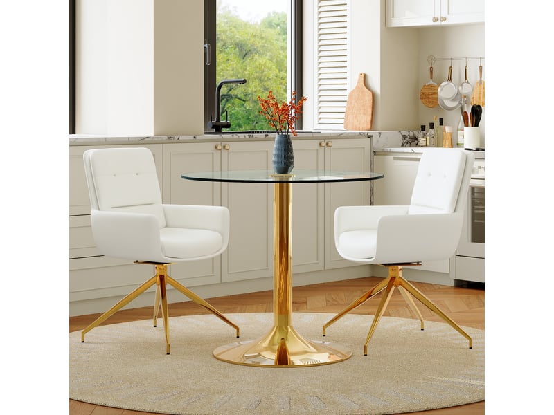  Ensemble table ronde et 2 chaises, table à manger en verre trempé ø 85 cm, sièges pivotants en similicuir blanc, métal doré  - Conforama B
