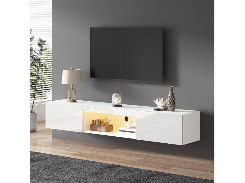  Meuble tv mural 160x31x22 cm avec led bluetooth en panneau de particules blanc  - Conforama D