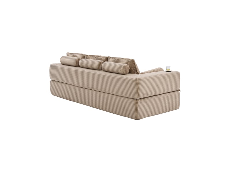  Canapé convertible 3 places en velours côtelé beige avec poches latérales et porte-gobelets  - Conforama E