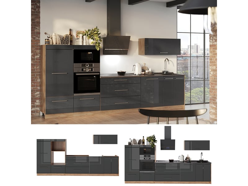 Vicco cuisine, anthracite haute brillancechêne de force doré, 340cm, pt marbre - Conforama D