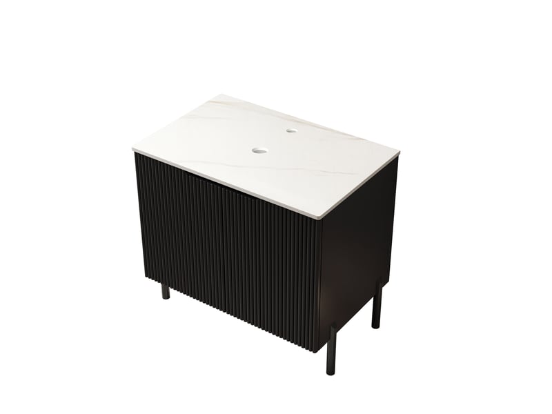  Meuble sous vasque sur pied avec 2 portes, plan en pierre frittée blanche pour salle de bain noir 76 × 48 × 75 cm  - Conforama A