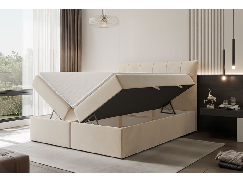Lit coffre chester - 180x200 cm - avec matelas et surmatelas - velours dense - beige clair CHESTER - Conforama C
