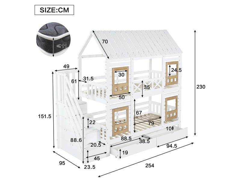 Lit superposé enfant 90x200 cm avec toit, rangements et tiroirs, blanc et naturel - Conforama C