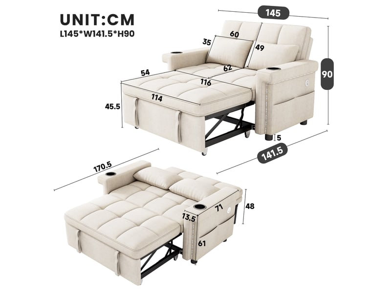  Canapé 2 places - 145x141.5x90cm - canapé convertible lit en chenille avec led rgb, ports usb &amp; porte-gobelets - beige  - Conforama E