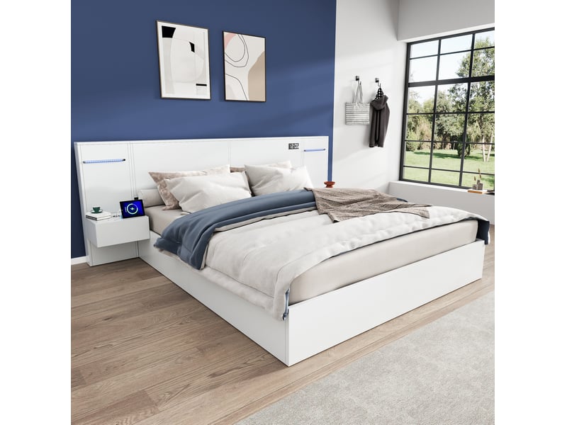  Modenvie lit double 180x200 cm - ports usb-a et usb-c, haut-parleurs bluetooth, sans matelas - blanc  - Conforama D