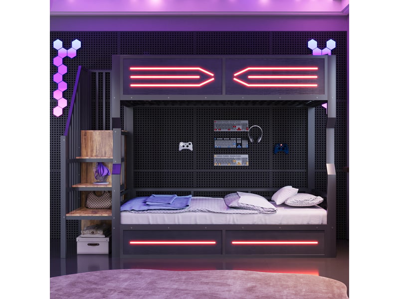  Lit mezzanine enfant 90x200 cm avec rangements intégrés, lit surélevé avec escalier à placards, led et garde-corps haut, noir OPULERANE TRADING LTD - Conforama B