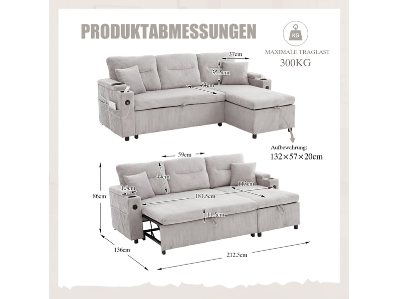  Canapé 3 places 212,5x136x86cm, velours côtelé gris clair, espace de rangement, porte-verres et ports usb-c, confortable et tendre  - Conforama C