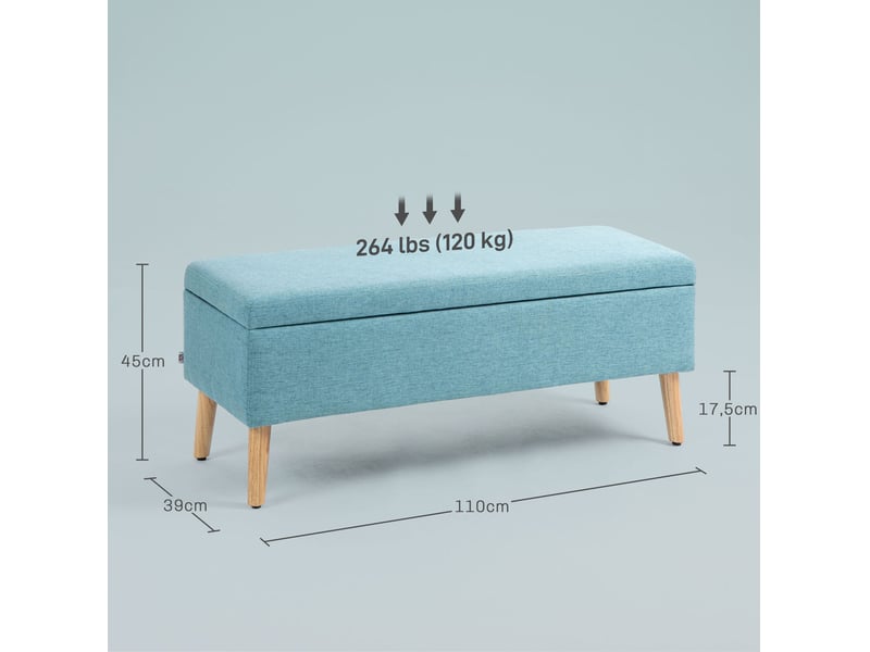  Banc coffre 110x39x45 cm, banc de lit moderne, pieds en bois, forme rectangulaire, chambre et salon, polyester, bleu  - Conforama C