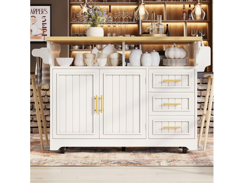  Desserte 2 portes 3 tiroirs - îlot de cuisine mobile à plateaux rabattables 120x40x95 cm mdf blanc effet chêne  - Conforama B