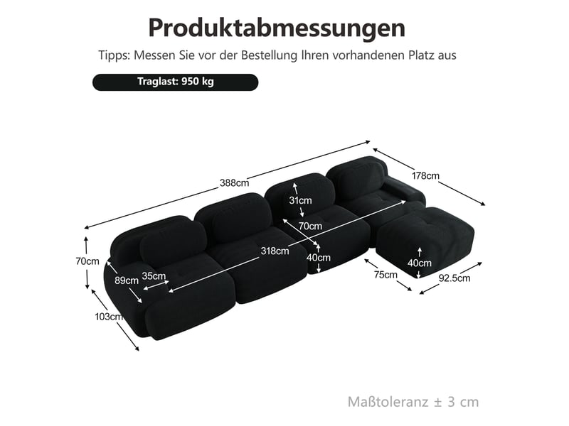  Canapé d'angle modulable modenvie 4 places avec méridienne 388 x 178 cm en velours côtelé noir  - Conforama C