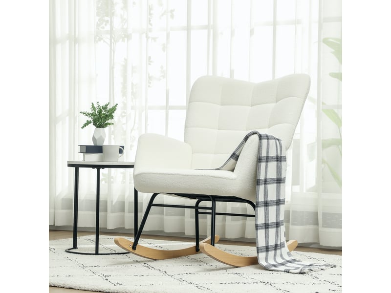  Fauteuil à bascule rocking chair revêtement effet laine bouclée, structure en acier 71 x 98 x 101 cm blanc  - Conforama C