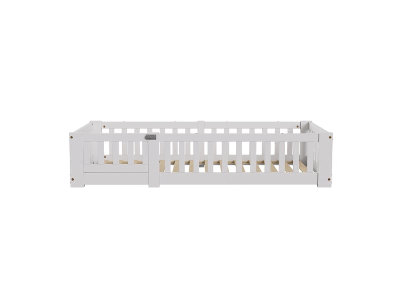  Lit enfant 90x200 cm, lit au sol avec barrière de sécurité et sommier à lattes, lits montessori pour garçons et filles, charge jusqu’à 100 kg, blanc  - Conforama W