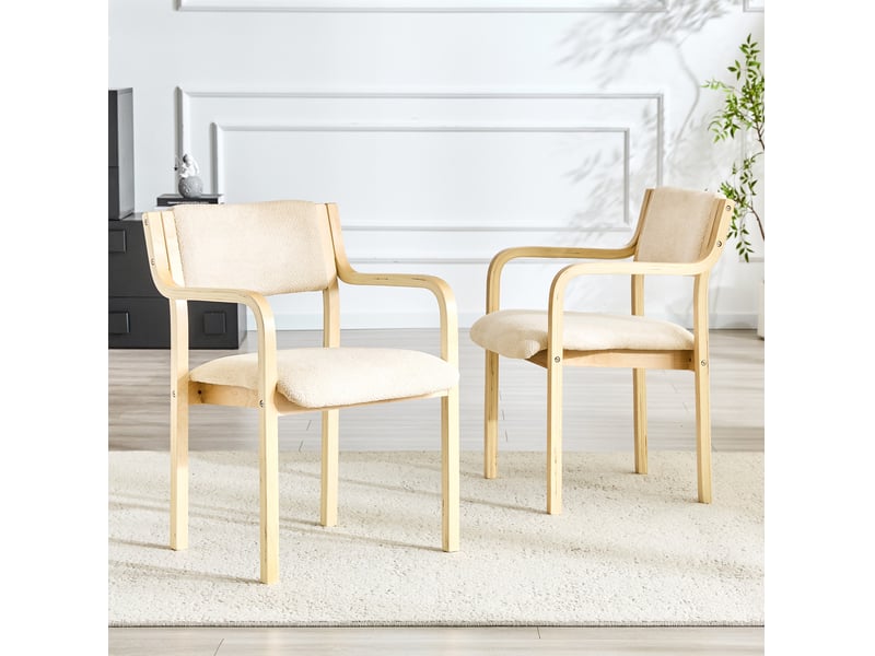  Lot de 2 chaises de salle à manger 53 cm, chaise cuisine scandinave, chaise nordique, tissu blanc, en bois, dossier courbé  - Conforama D