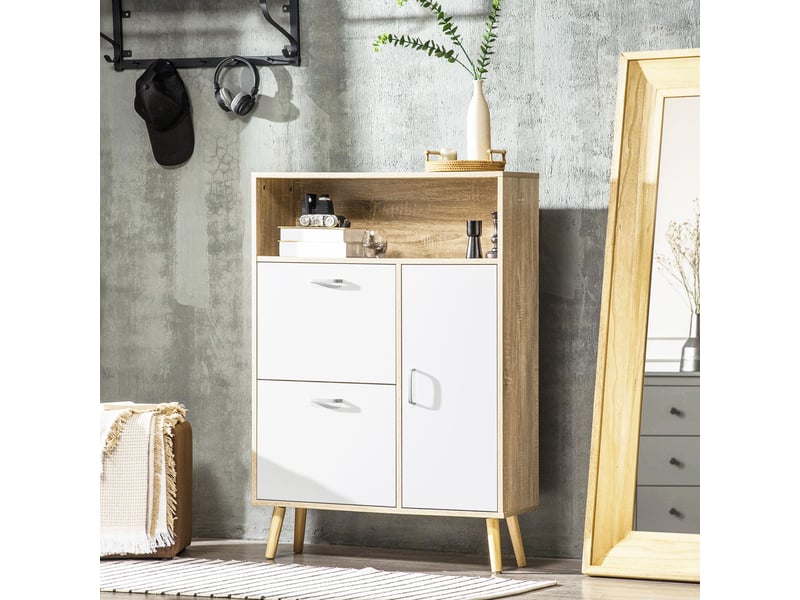  Meuble à chaussures pour 8 paires avec 2 tiroirs abattants, penderie et étagère, 80 x 25,5 x 112,5 cm, naturel et blanc  - Conforama C