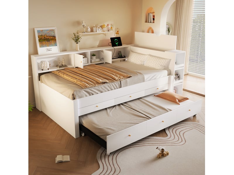  Lit gigogne couchage 140x200 cm fermé, 140x200 + 90x190 cm ouvert, 3 tiroirs usb mdf pin blanc sans matelas  - Conforama B