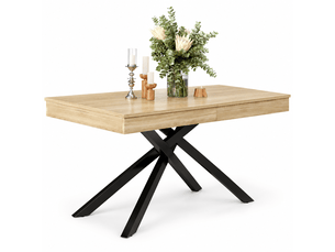Table à manger extensible 140-180x80 cm pour 6 à 8 personnes, plateau épais, pieds croisés en métal, mdf effet chêne, salle à manger