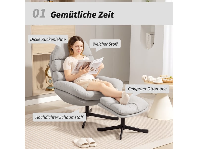  Fauteuil relax pivotant,78x93x100 cm,avec repose-pieds,chenille,crème  - Conforama E