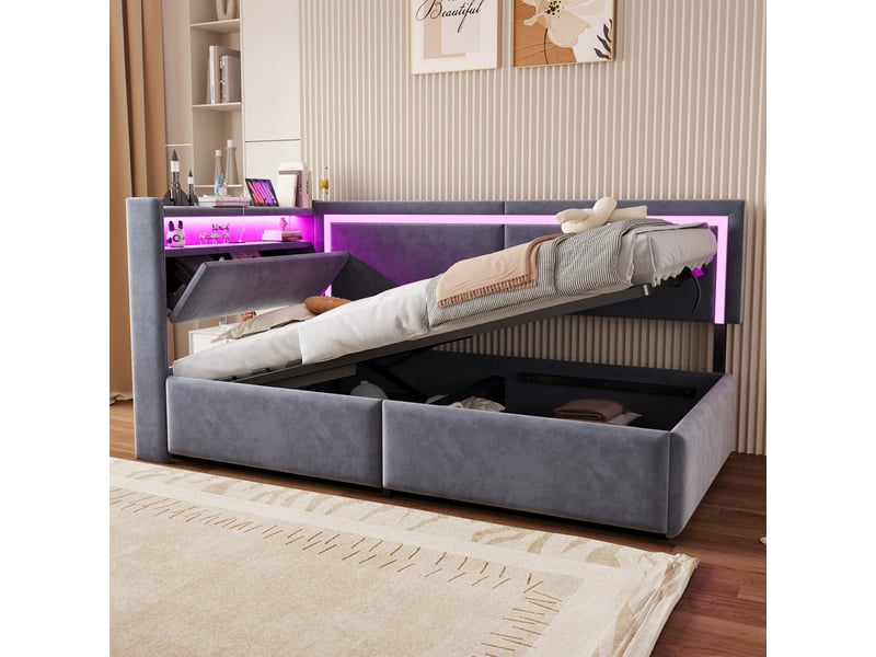  Canapé-lit rembourré 90x200 cm avec led et port usb, lit simple avec tête de lit en velours, gris foncé, lit enfant à vérin  - Conforama C