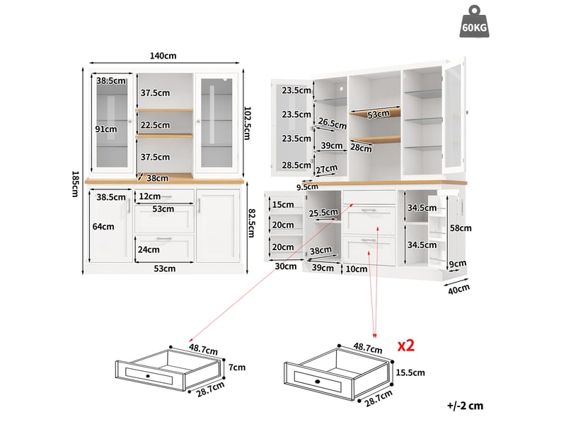  Buffet de cuisine haut de rangement avec led, 3 tiroirs, étagères réglables et portes vitrées pour cuisine en mdf blanc  - Conforama E