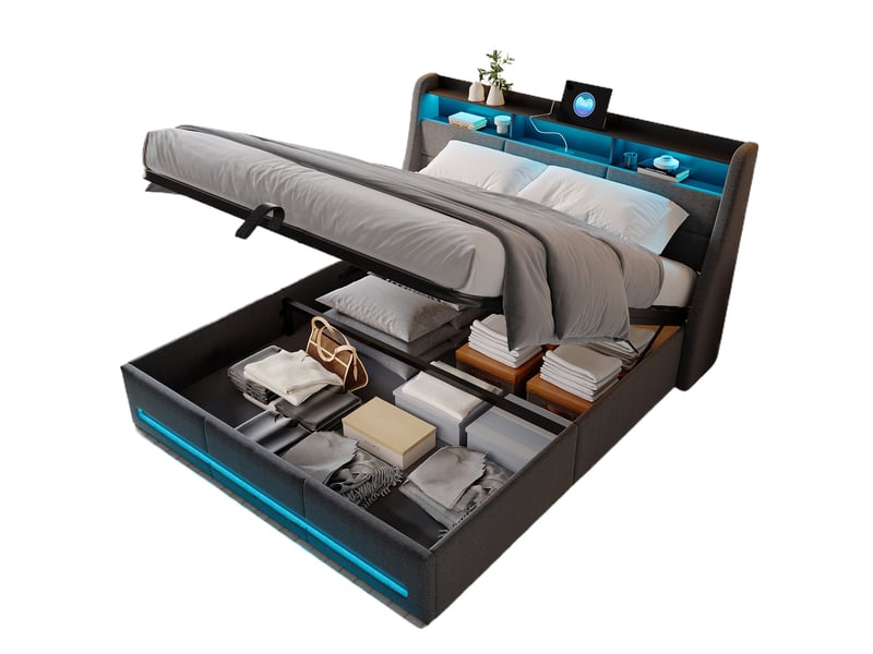  Lit 160x200 avec sommier ,lit coffre 160 x 200 avec led et usb ,lit double avec sommier à lattes, tissu lin,gris  - Conforama A