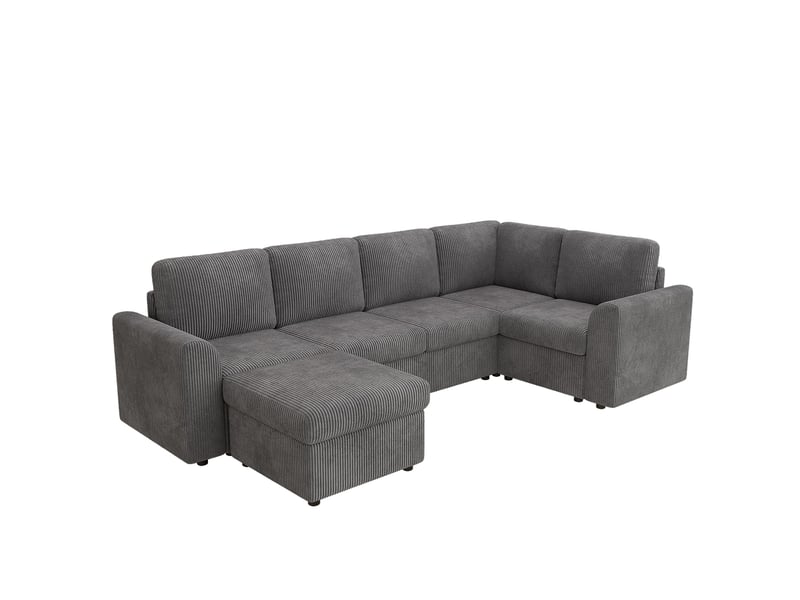  Canapé d'angle convertible 6 places en velours côtelé gris, avec pouf à rangement, 282×153×85 cm, mousse haute densité  - Conforama A