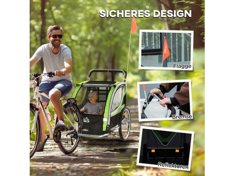  Remorque vélo 2-en-1 pour 2 enfants 142x75x101 cm – vert – fonction poussette  - Conforama E