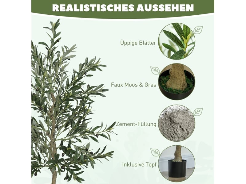  Olivier artificiel en pot 180 cm – vert – branches flexibles, 900 feuilles et pot lesté en ciment, stable  - Conforama E