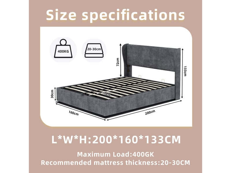  Lit adulte double 160×200 cm, tête de lit rembourrée - okmyhome- structure stable en tissu gris, sans matelas  - Conforama D