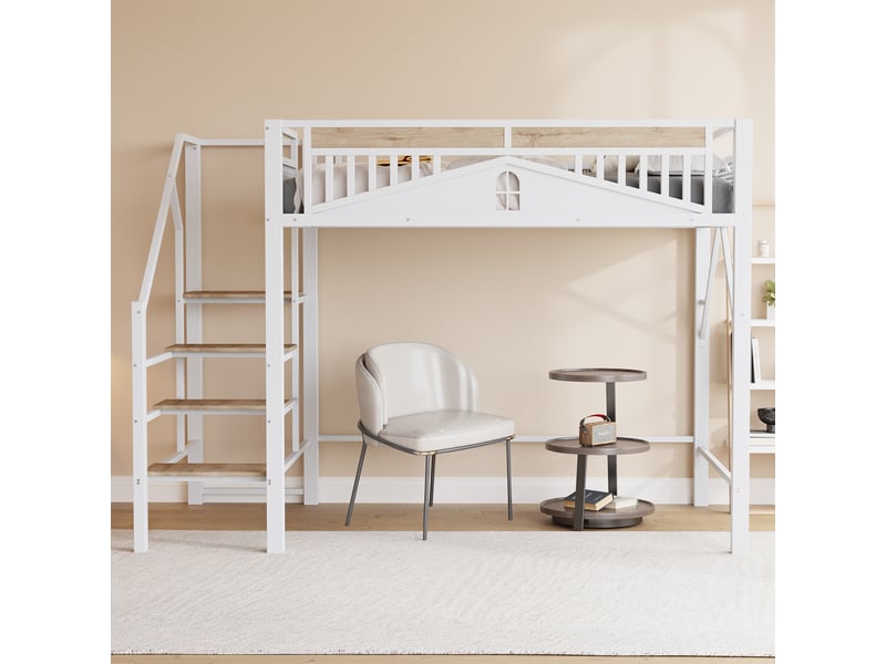 Lit mezzanine 140 × 200 cm 2 places avec échelle sécurisée et espace de rangement, sans matelas, métal blanc - Conforama C