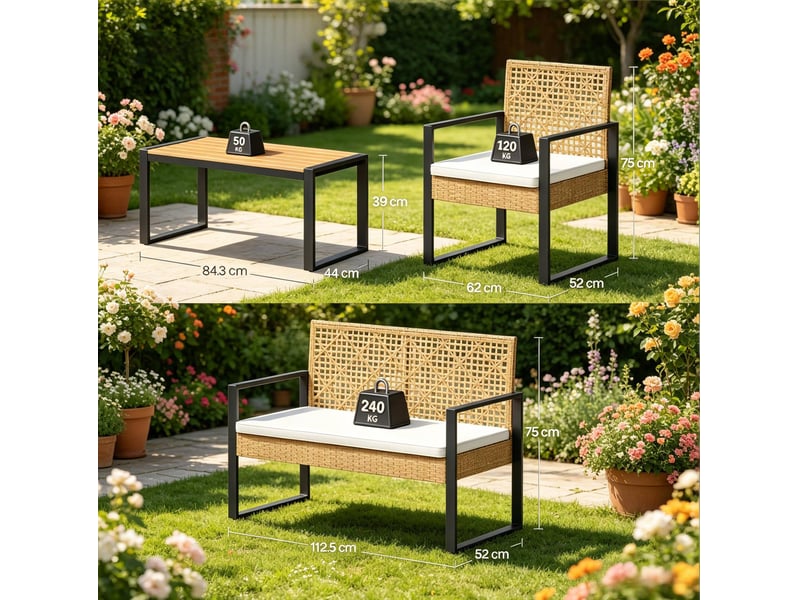 Salon de jardin 4 pièces 112,5 x 52 x 75 cm – naturel – ensemble modulable, coussins déhoussables  - Conforama C