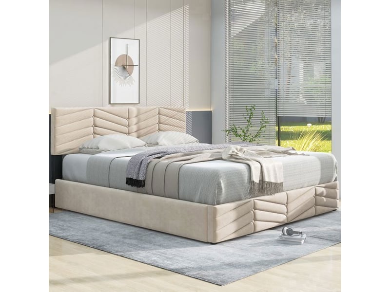  Lit double coffre adulte 140x190 cm - tête de lit réglable - velours hollandais - montage facile - matelas non compris beige - Conforama C