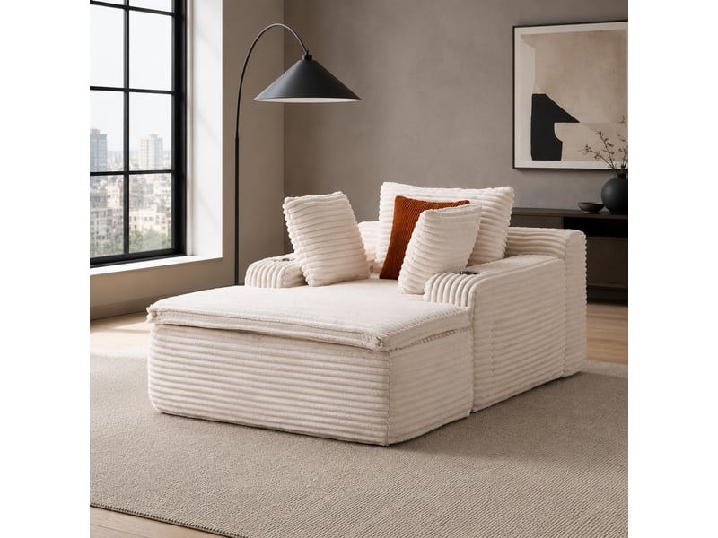  Méridienne pliable sans armature avec porte-gobelets  - mousse haute densité, velours côtelé - beige  - Conforama C