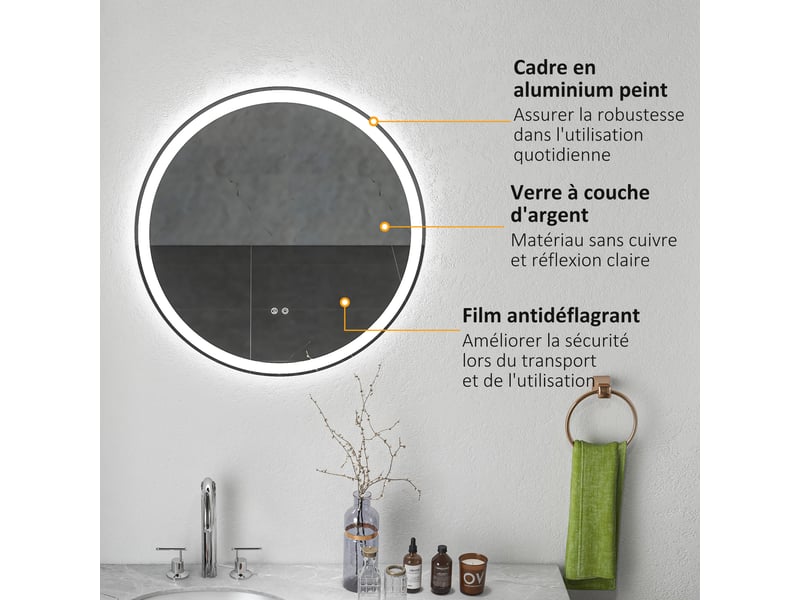  Miroir rond lumineux led de salle de bain mural avec éclairage 3 couleurs interrupteur tactile 23w blanc argent ø 70 cm  - Conforama W